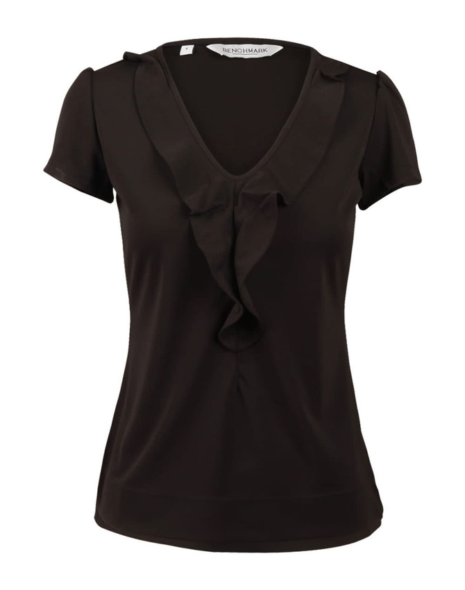A black women's blouse featuring a ruffled front and a V-neckline. The shirt has short sleeves and a fitted silhouette.