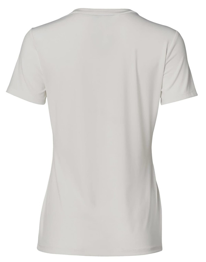 A light grey ladies' V-neck short sleeve knit top with a smooth finish and a logo on the back.