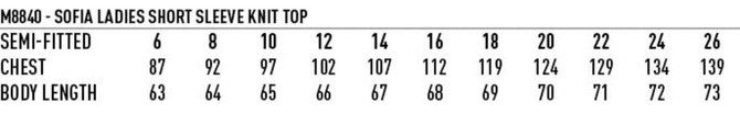 A size chart for the Sofia Ladies' Short Sleeve Knit Top, detailing measurements for various sizes.