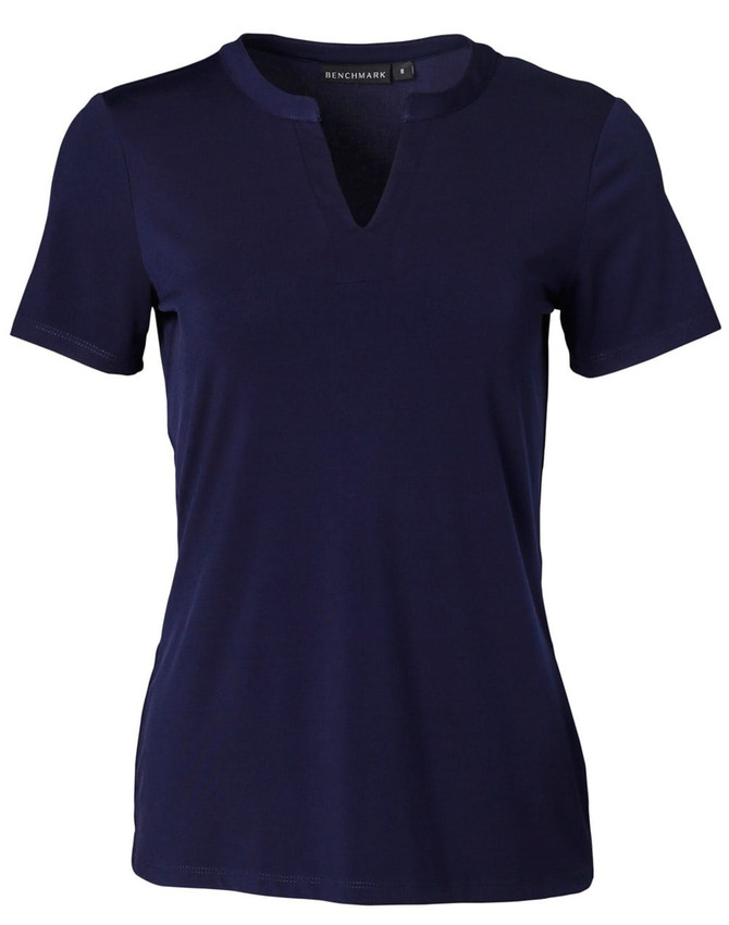 A navy blue ladies' V-neck short sleeve knit top with a tab detail and a logo.