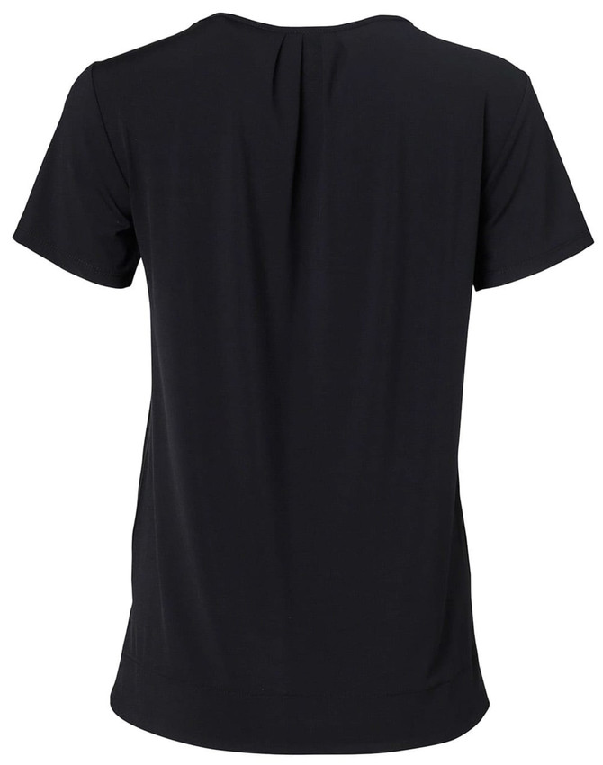 A black round neck short-sleeve knit top featuring pleats at the back and a logo.