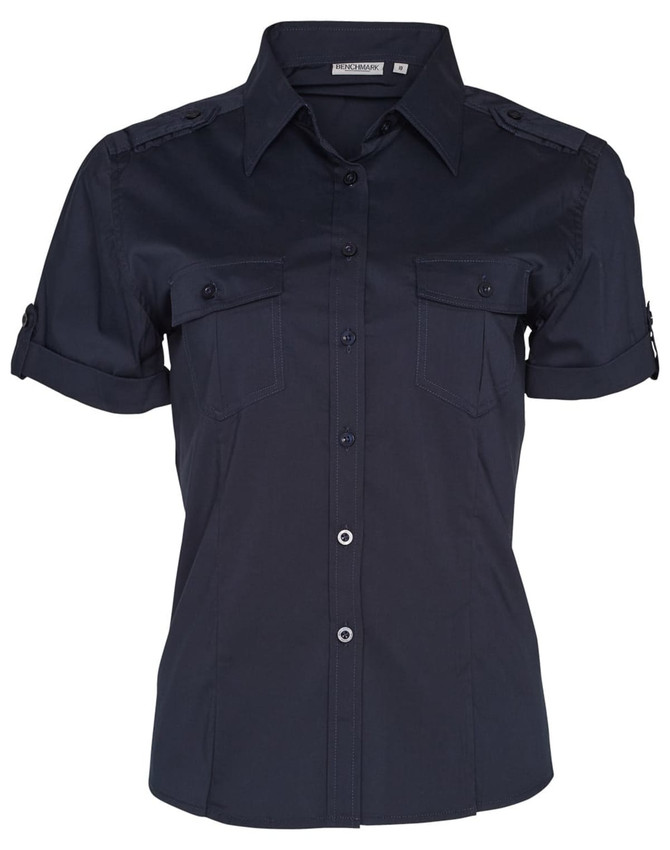 A women's short sleeve military shirt in navy blue with button-up front and two chest pockets. Features a logo.