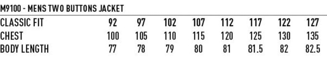 A chart listing size measurements for a Men's Two Buttons Jacket in Wool Stretch, featuring classic fit, chest, and body length.