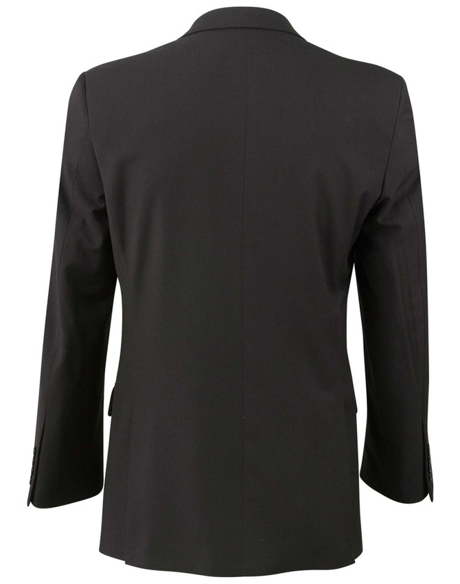 A back view of a black men's poly/viscose stretch jacket, featuring a tailored design and a single vent.