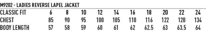 A size chart for the Ladies' Wool Blend Stretch Reverse Lapel Jacket, detailing chest and body lengths in various sizes.