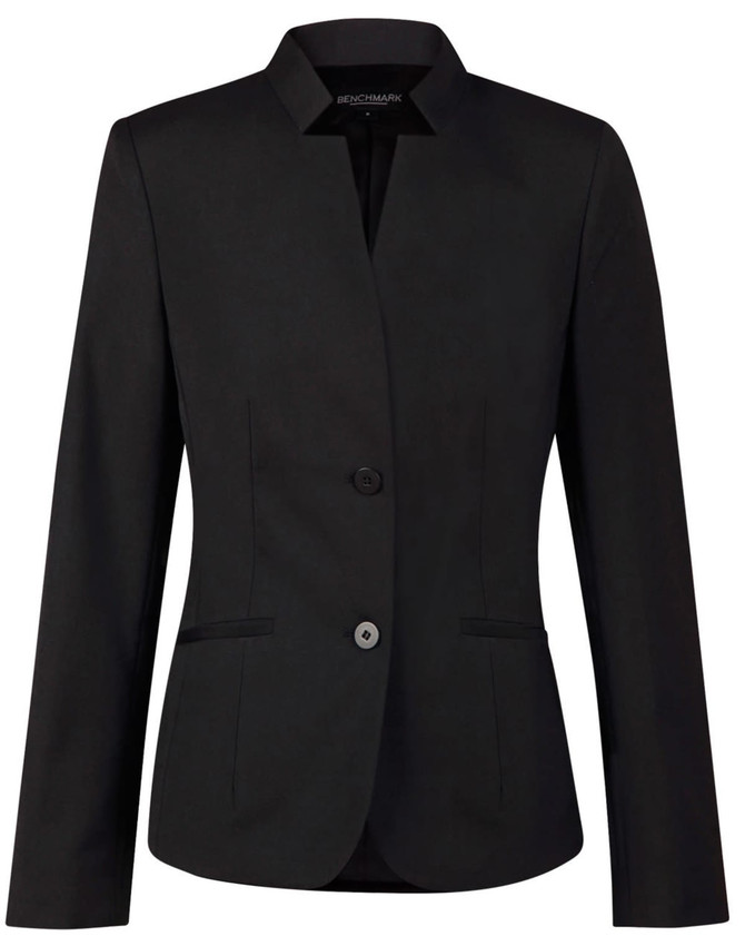 A black ladies' wool blend stretch reverse lapel jacket featuring a fitted silhouette and two buttons.
