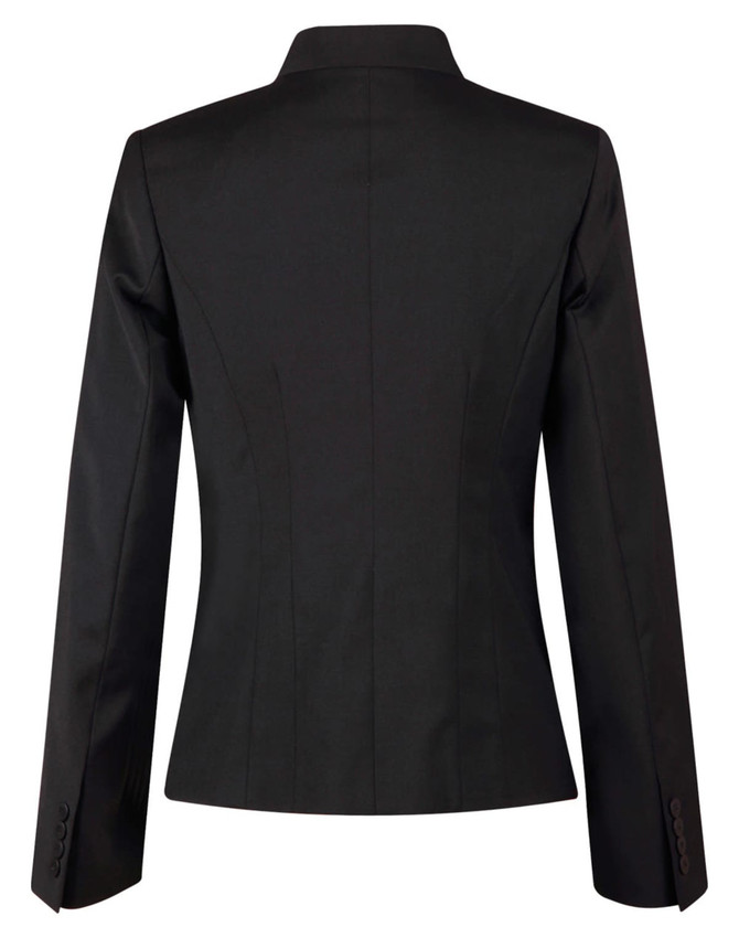 A black ladies' wool blend stretch reverse lapel jacket, featuring a fitted design and buttoned cuffs.