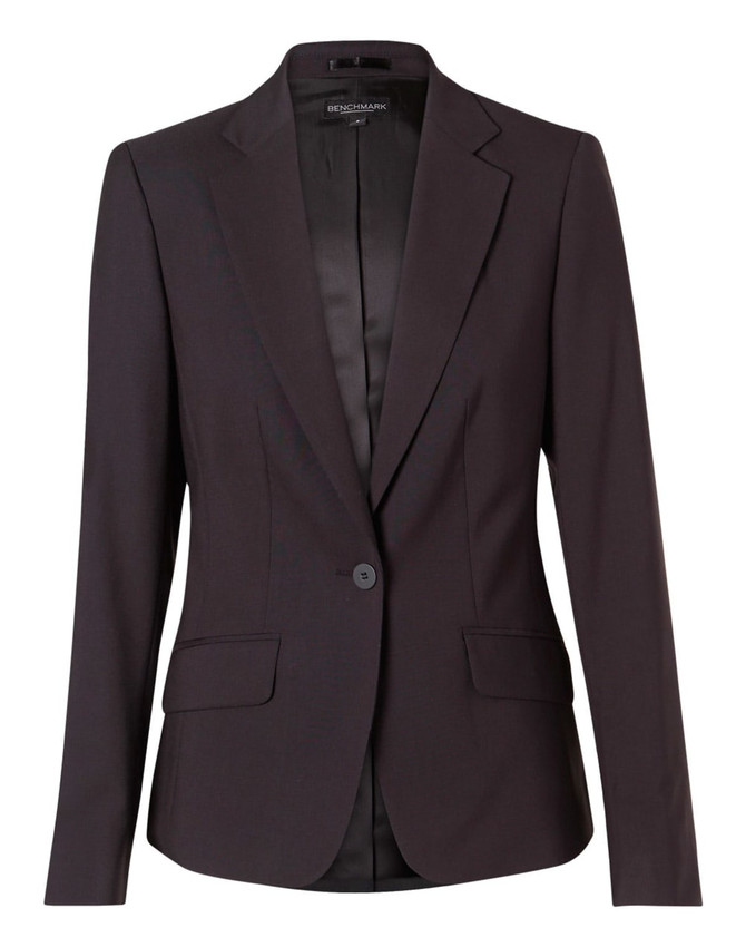 A women's cropped blazer in a deep brown hue with a one-button closure and two front pockets. Features a sleek design.