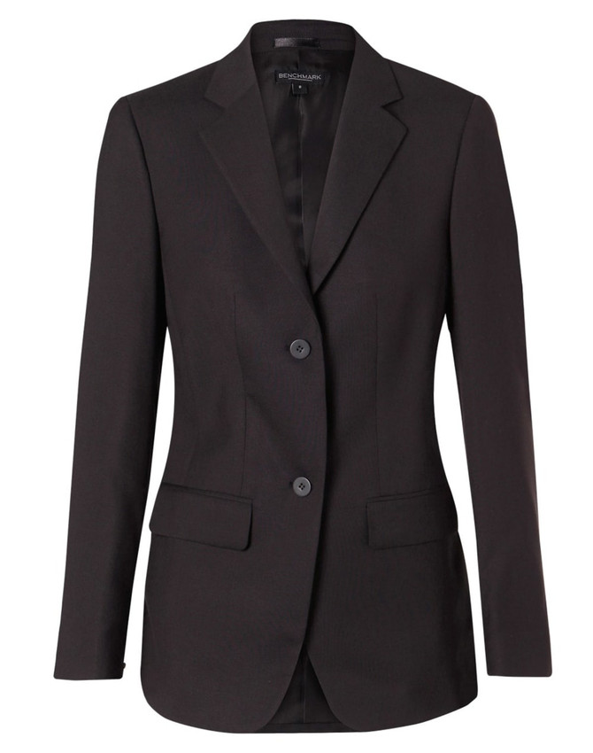 A black mid-length women's jacket with two buttons and a tailored design, featuring pockets and a single vent.