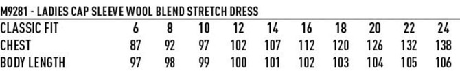 A women's wool blend stretch dress in classic fit with cap sleeves, featuring measurements for different sizes.