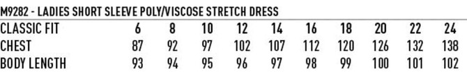 A chart displaying size measurements for the Ladies' Poly/Viscose Stretch Short Sleeve Dress in various sizes.