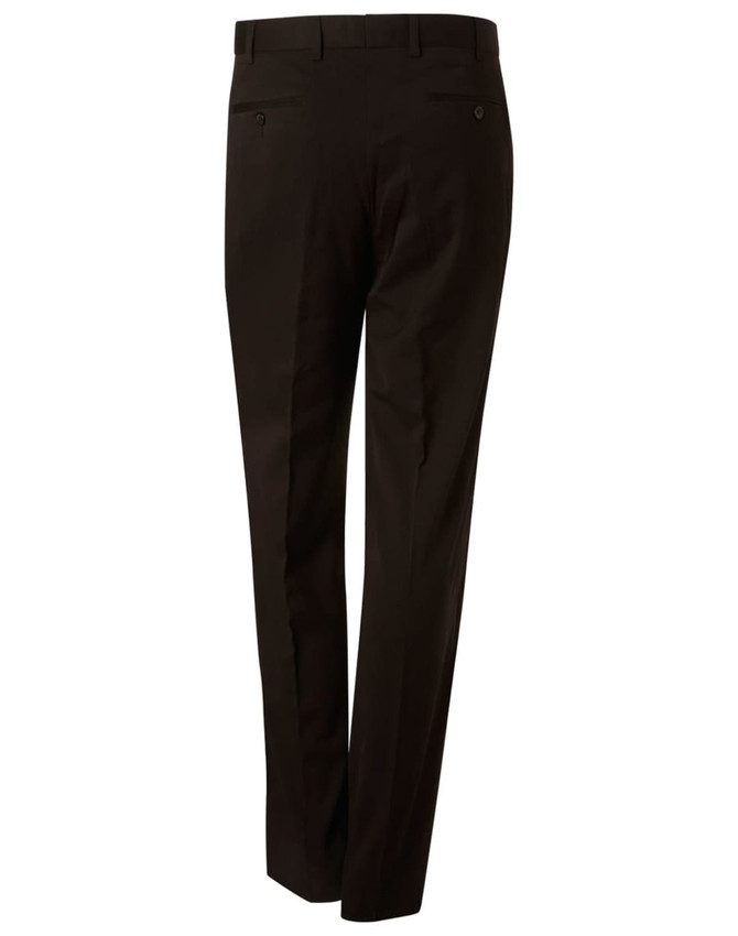 Men's stretch wool blend pants in black, featuring a tailored fit and rear pockets, with a subtle logo detail.