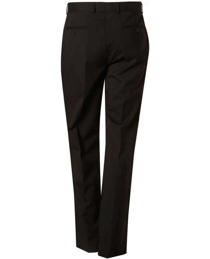 Men's stretch wool blend pants in black, featuring a tailored fit and two back pockets. Includes a logo.