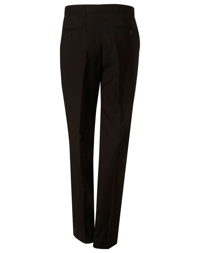 Men's black polyviscose stretch pants featuring a straight-leg design and back pockets. Includes branding.