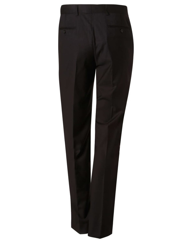 Men's black polyviscose stretch pants with a tailored fit, featuring two back pockets and subtle branding.