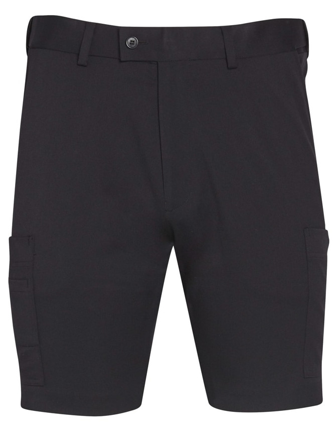 Black men's utility cargo shorts featuring side pockets and a button closure, with a logo on the waistband.