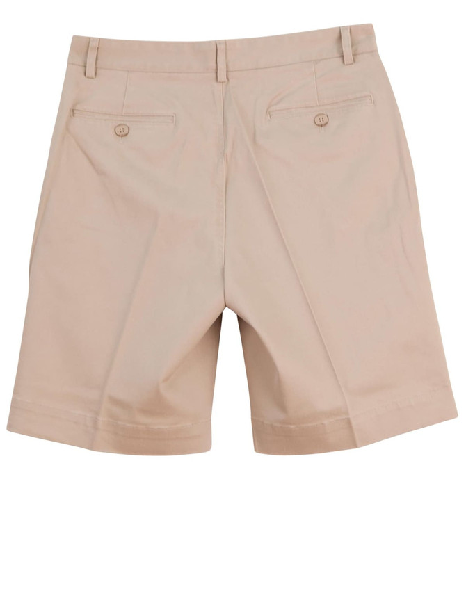 Beige men's chino shorts featuring two back pockets and belt loops. The shorts have a clean, tailored look.