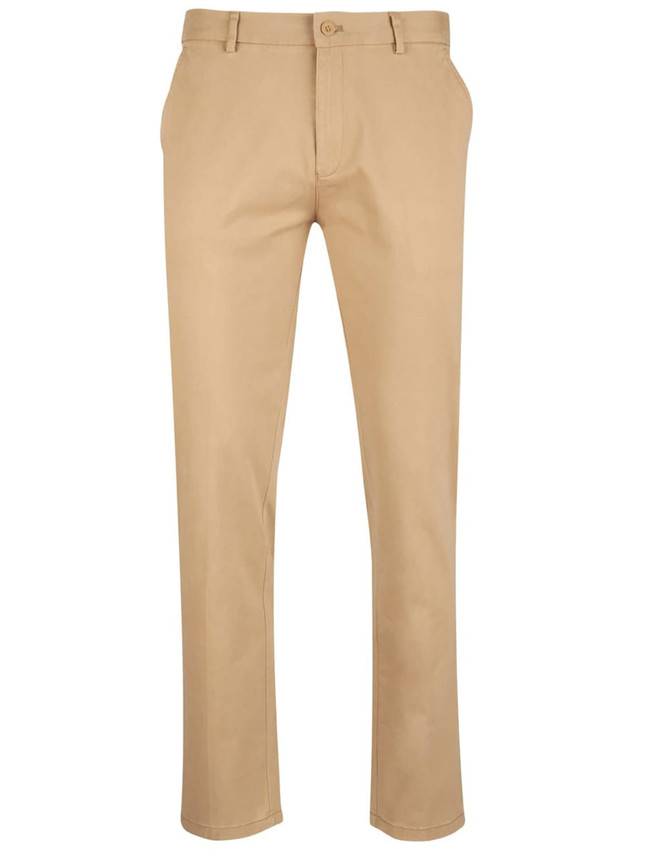 Men's chino pants in a light beige colour, featuring a button closure and pockets, with a branded logo.
