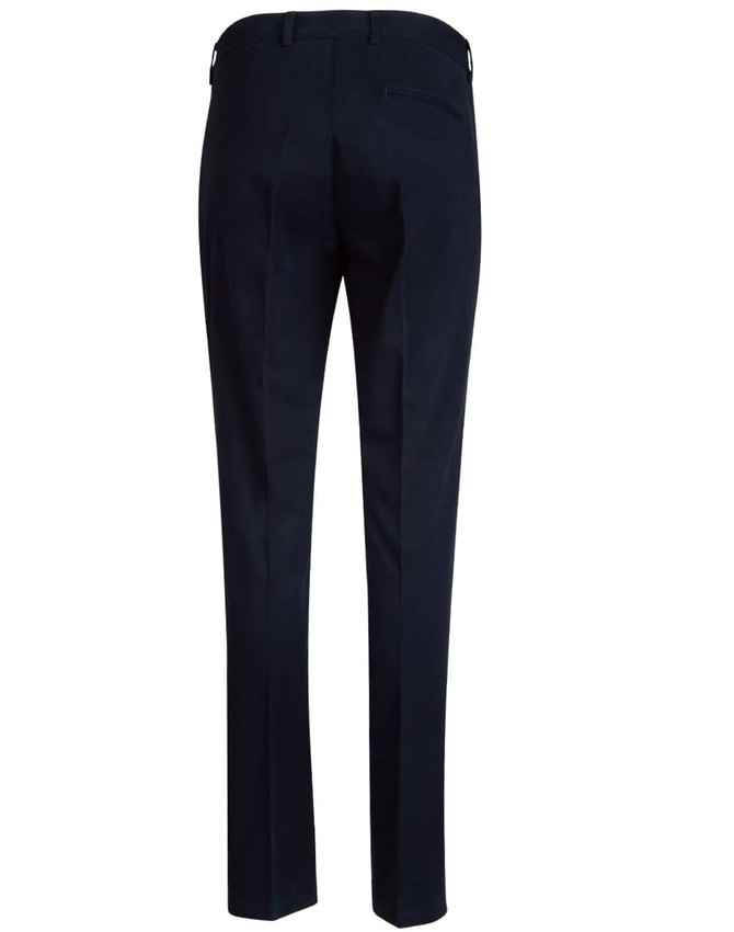 Navy ladies' chino pants viewed from the back, featuring a fitted design and a rear pocket. Includes a logo.