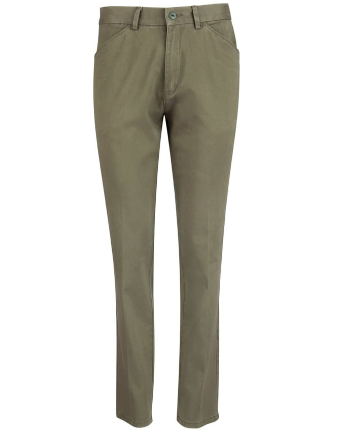 Ladies' Boston Chino Pants in olive green, featuring a streamlined fit and pockets. Includes a logo on the waistband.