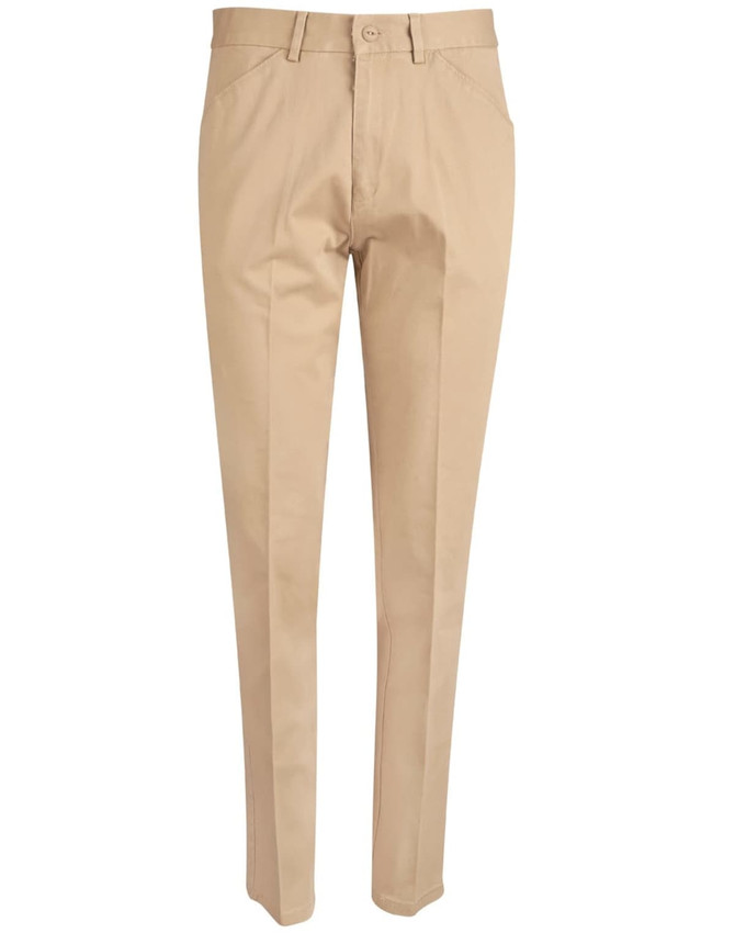 Beige ladies' chino pants featuring a slim fit and classic design, with front pockets and a button closure.