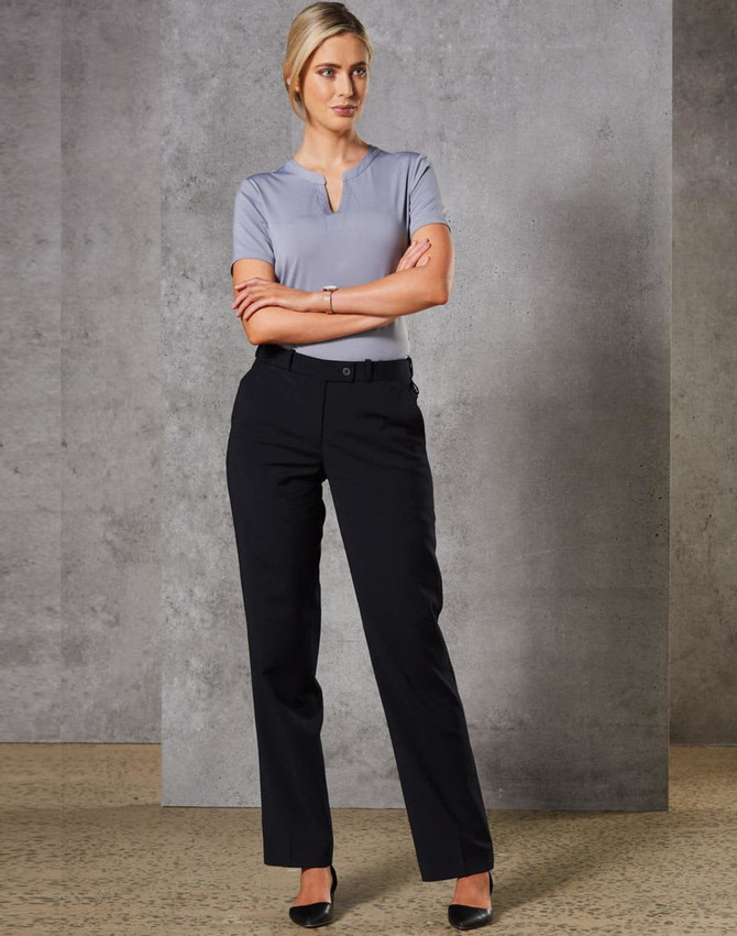 Women's slim leg pants in black wool stretch, featuring a flexi waist design, paired with a light grey top.