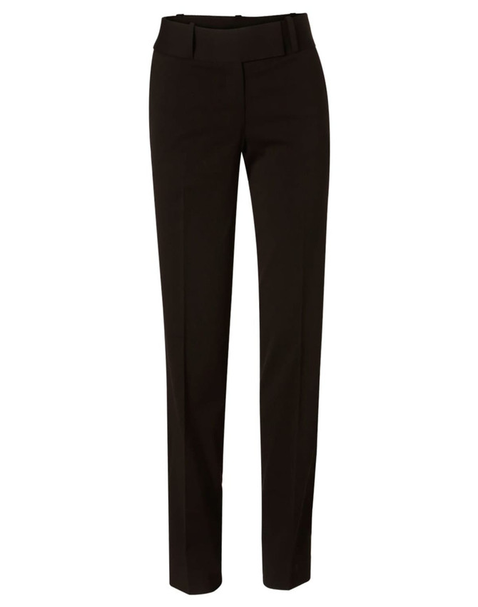 Women's low rise pants in black, made from poly/viscose stretch fabric. Features a sleek, tailored design.