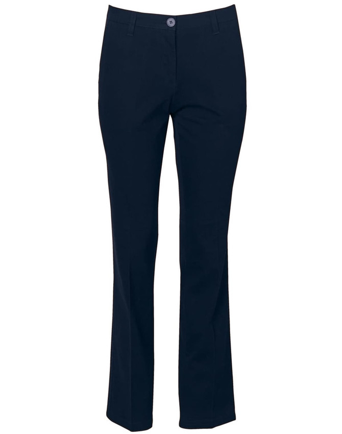 Navy women's chino pants with a straight leg design, featuring a button closure and a subtle logo.