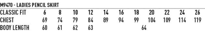 A size chart for a women's pencil skirt featuring measurements for chest and body length in various sizes.