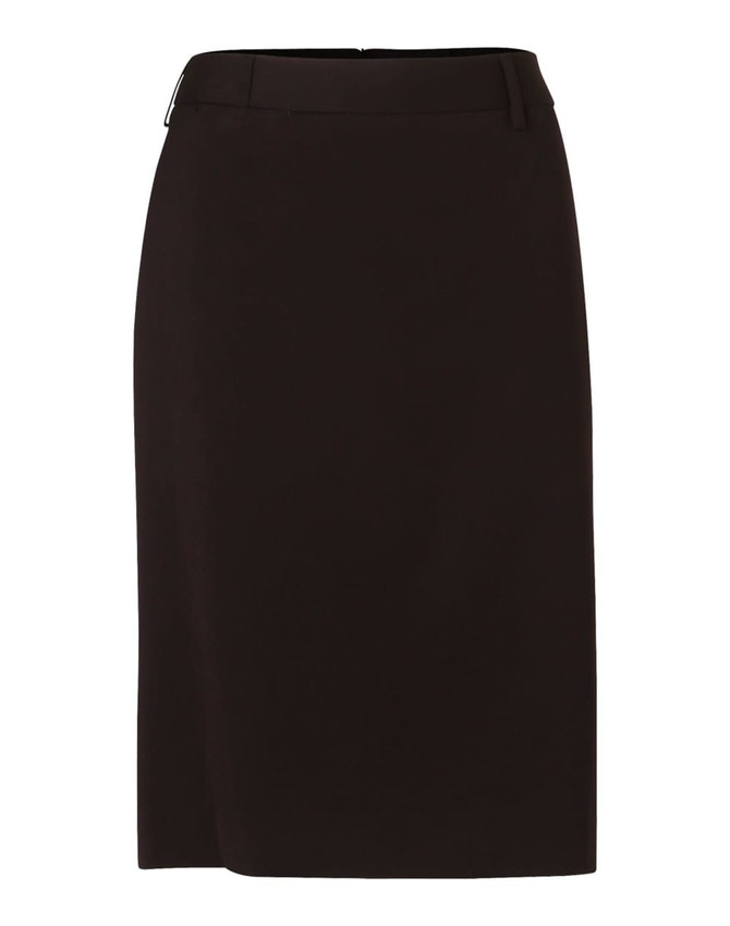 A black mid-length lined pencil skirt in poly/viscose stretch fabric, featuring a waistband and a zipper closure.