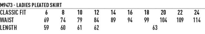 A size chart for a women's pleated skirt, detailing sizes from 6 to 24, with measurements for waist and length.