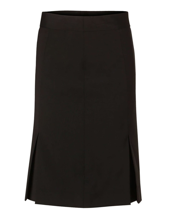 A black pleated skirt made from wool stretch fabric, featuring front slits and a sleek, tailored design.
