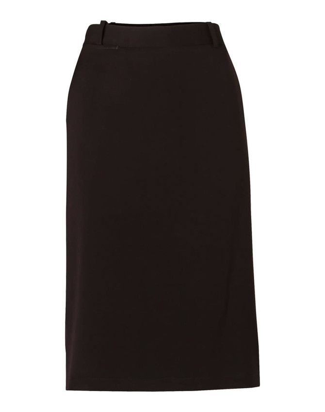 A black A-line utility skirt made from poly/viscose stretch twill, featuring a flexi waist and no visible branding.