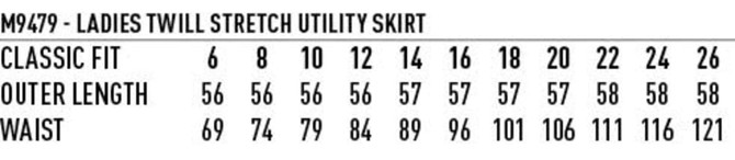A size chart for a ladies' twill stretch utility skirt, detailing measurements in classic fit.