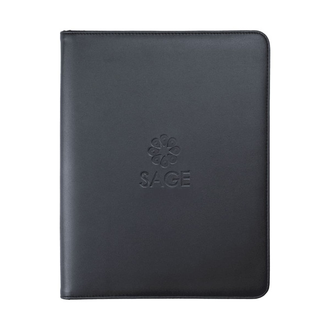 A black imitation leather zip compendium with an embossed logo on the front. Suitable for office and business use.