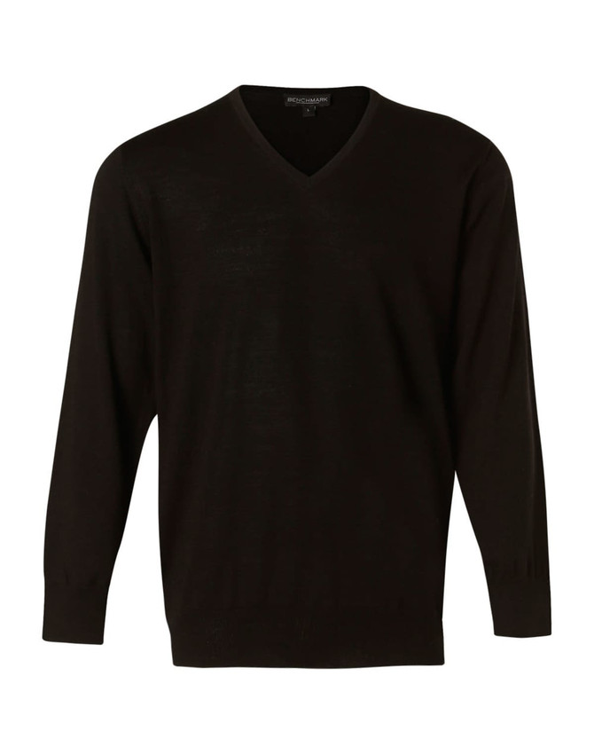 A black men's 100% Merino wool V-neck long sleeve sweater. It features a simple design and has a logo.