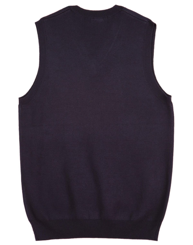 A women's v-neck vest in a dark navy colour, featuring no sleeves and a fitted design. It has a logo on the back.