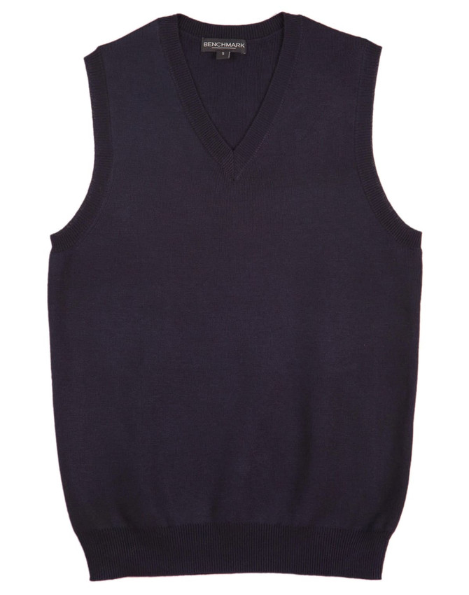 A navy women's V-neck vest with a ribbed hem and armholes. It features a branding label at the neck.