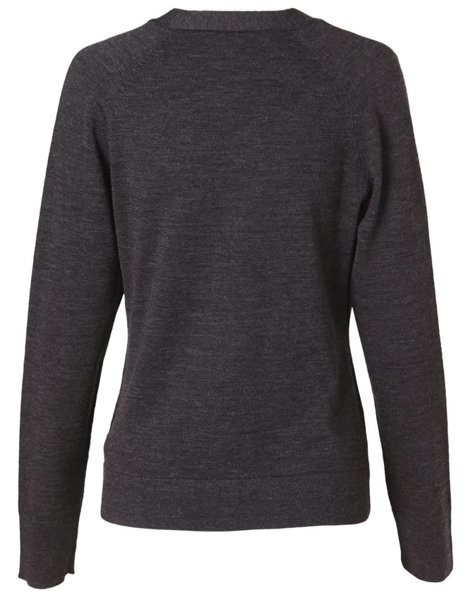 A dark grey women's 100% Merino wool long sleeve cardigan, featuring a simple, sleek design.