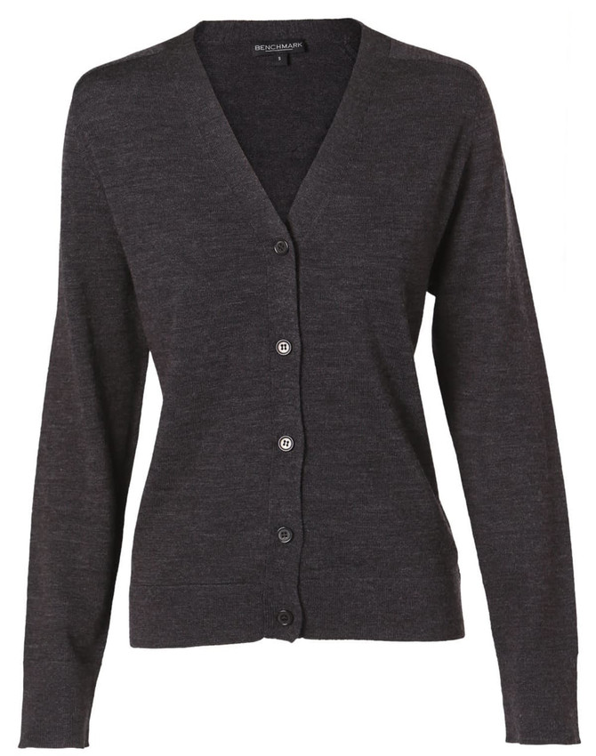 A women's long-sleeve cardigan in dark grey made from 100% merino wool, featuring a button-down front and a V-neck.