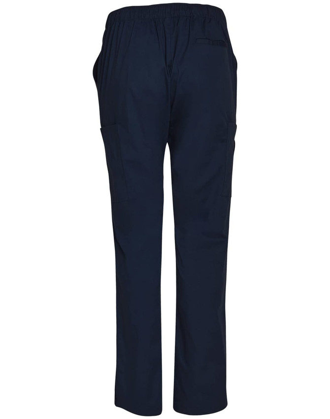 Men's solid navy scrub pants featuring an elastic waist and side pockets. Includes a logo on the back.