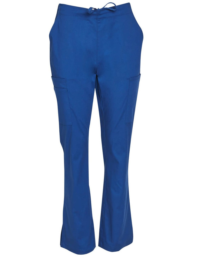 Solid blue ladies' scrub pants with a drawstring waist and side pockets, featuring a brand logo.
