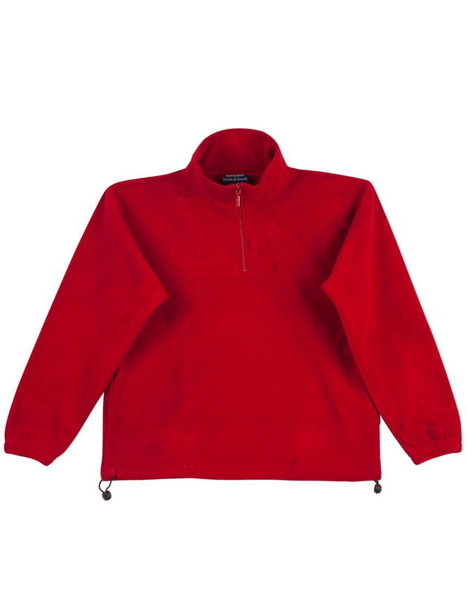 A red unisex polar fleece jumper with long sleeves and a half-zip collar, featuring a drawcord at the hem.