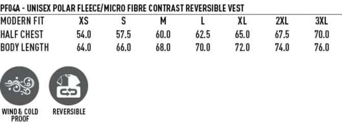 A unisex reversible vest in polar fleece and microfibre, available in various sizes, featuring a branding logo.