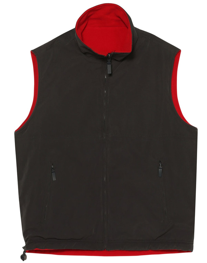 A unisex reversible vest featuring a dark exterior and a bright red interior, with side zip pockets and a high collar.