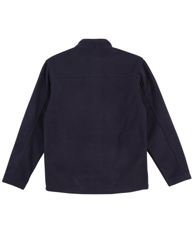 A dark navy polar fleece jacket with a full zip and no visible front detailing, featuring a logo on the back.