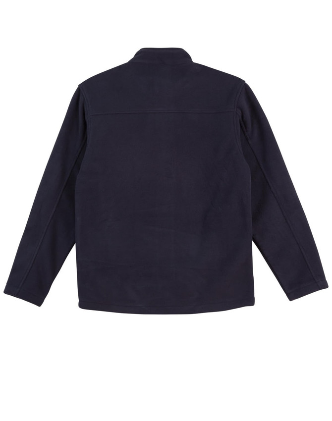 A dark navy polar fleece jacket with a full zip and a plain back. Features a branding logo.