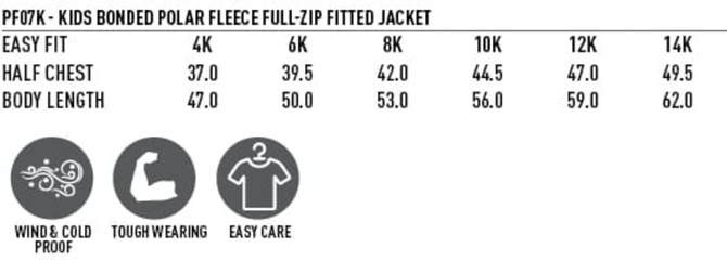 A kids bonded polar fleece full zip jacket in various sizes, featuring a logo, windproof and tough-wearing materials.