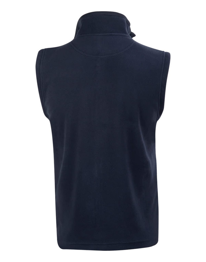 A navy blue adult's polar fleece vest featuring a high collar and sleeveless design. Includes a logo on the back.