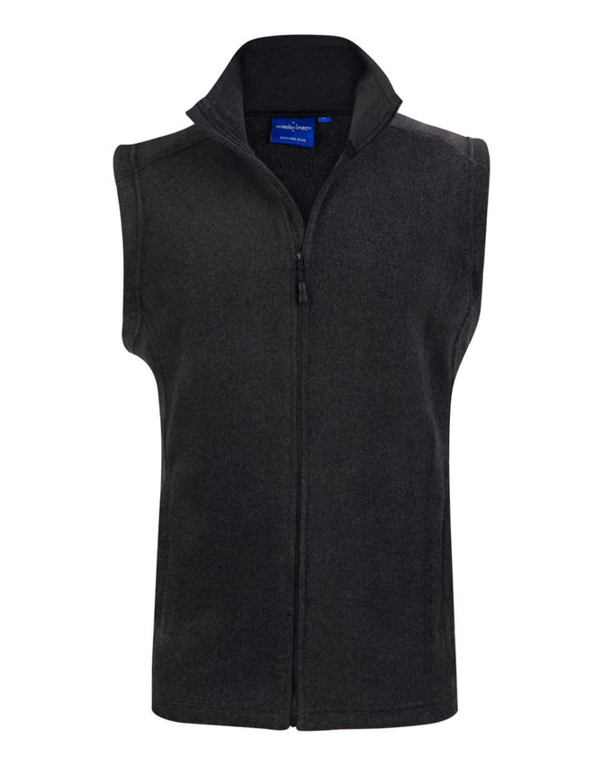 A grey adult's polar fleece vest with a high collar and front zip, featuring a logo.